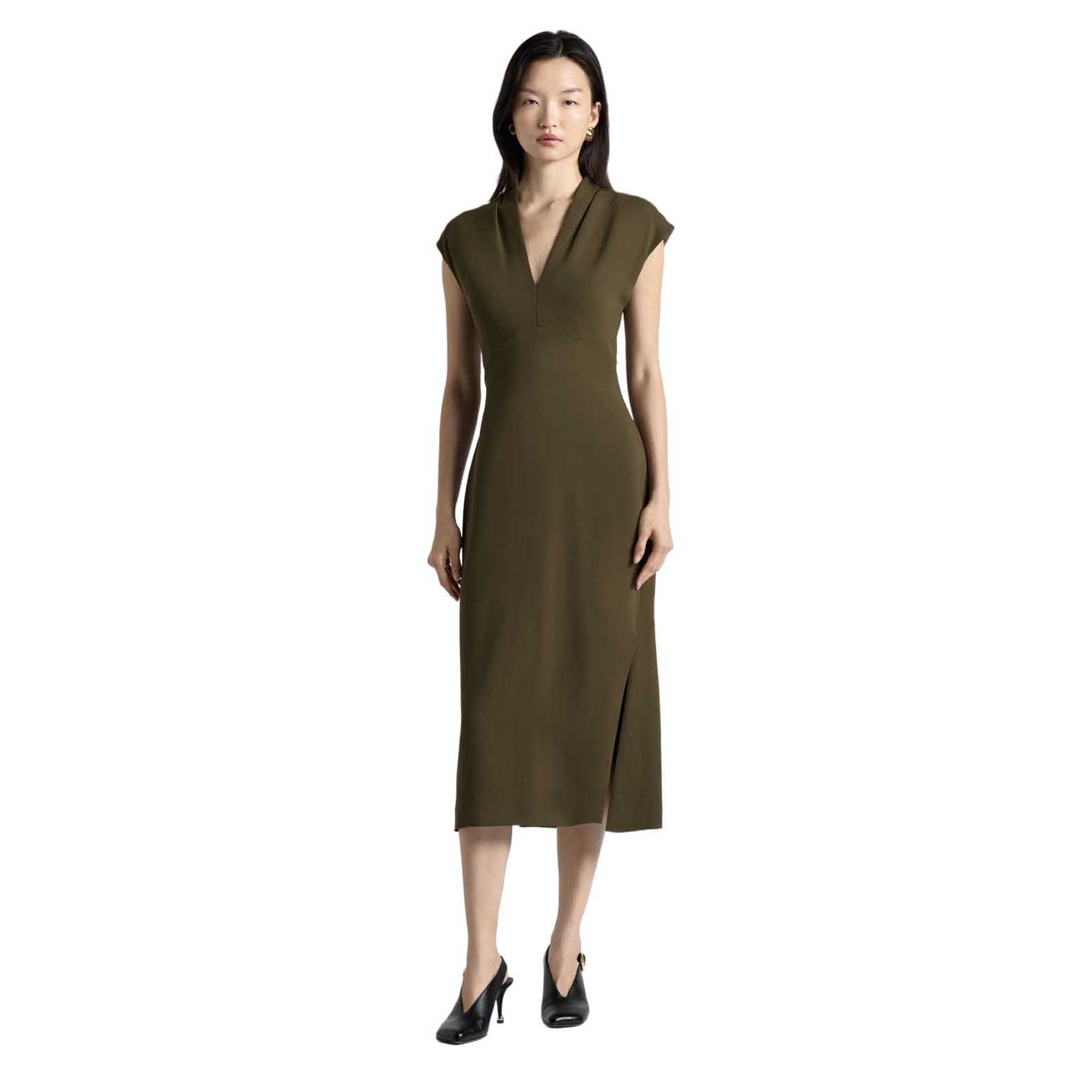 Cue Khaki Stretch Crepe V-Neck Midi Dress